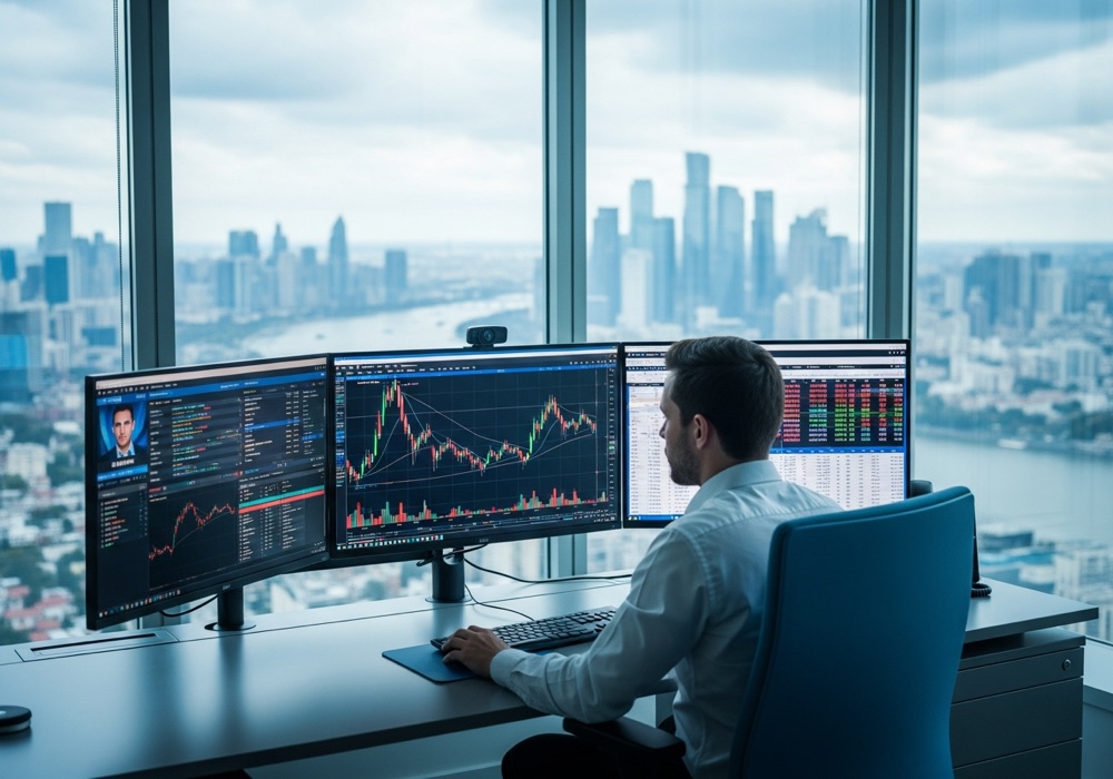 A financial analyst reviewing data on multiple monitors