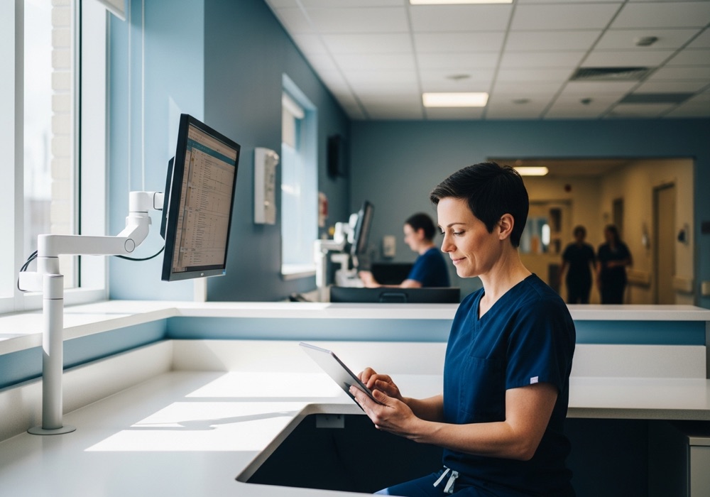 A clinician reviewing patient records at a clinical workstation