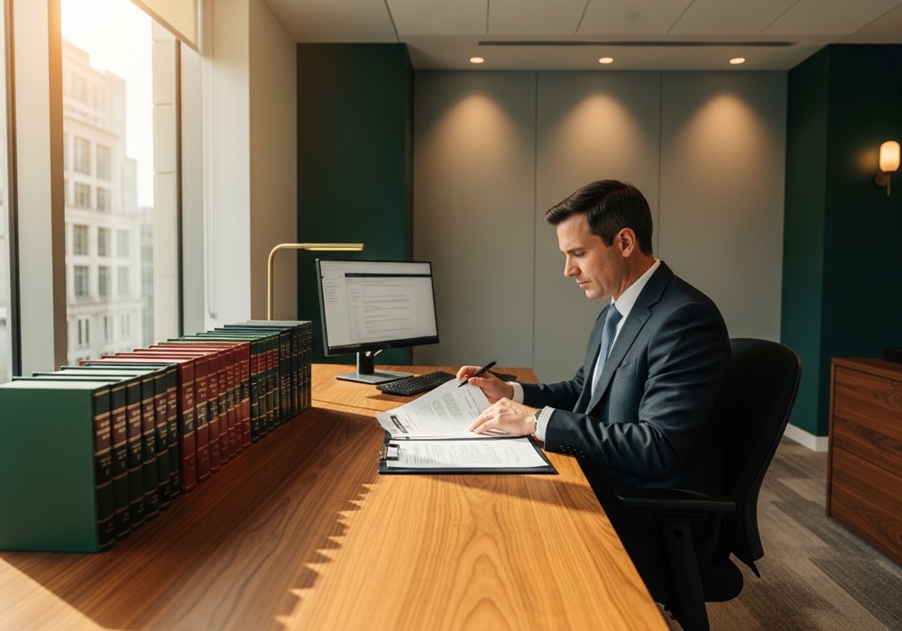 An attorney reviewing contract documents in a law office