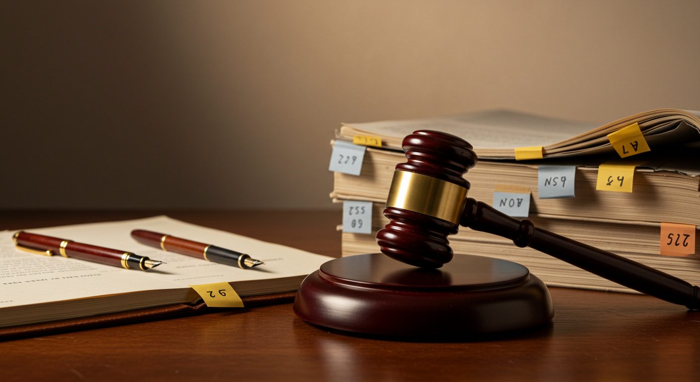 A judge's gavel and sound block resting beside a stack of tabbed appellate briefs and a fountain pen on a leather desk