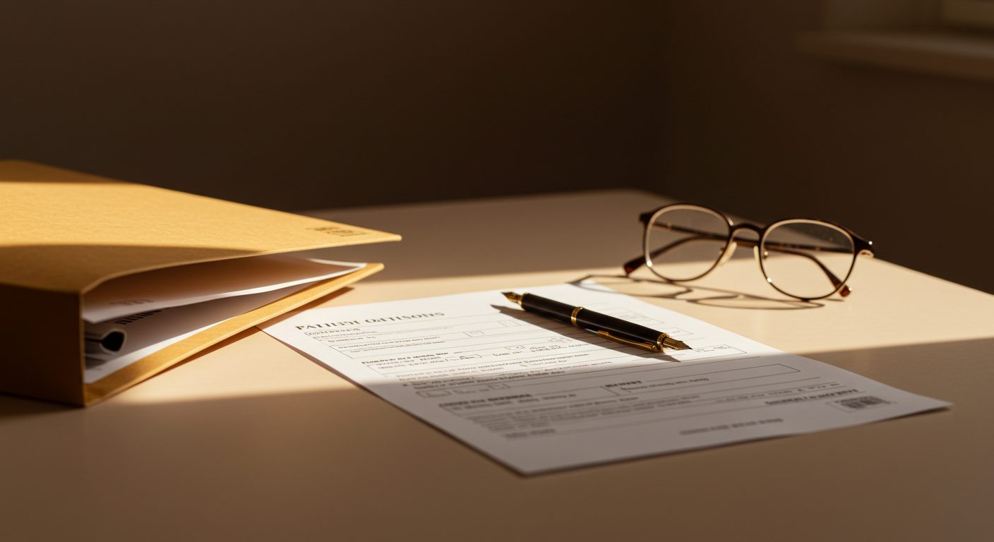 A sunlit clinical intake desk with an open patient folder and a physician's pen resting mid-signature on a printed form