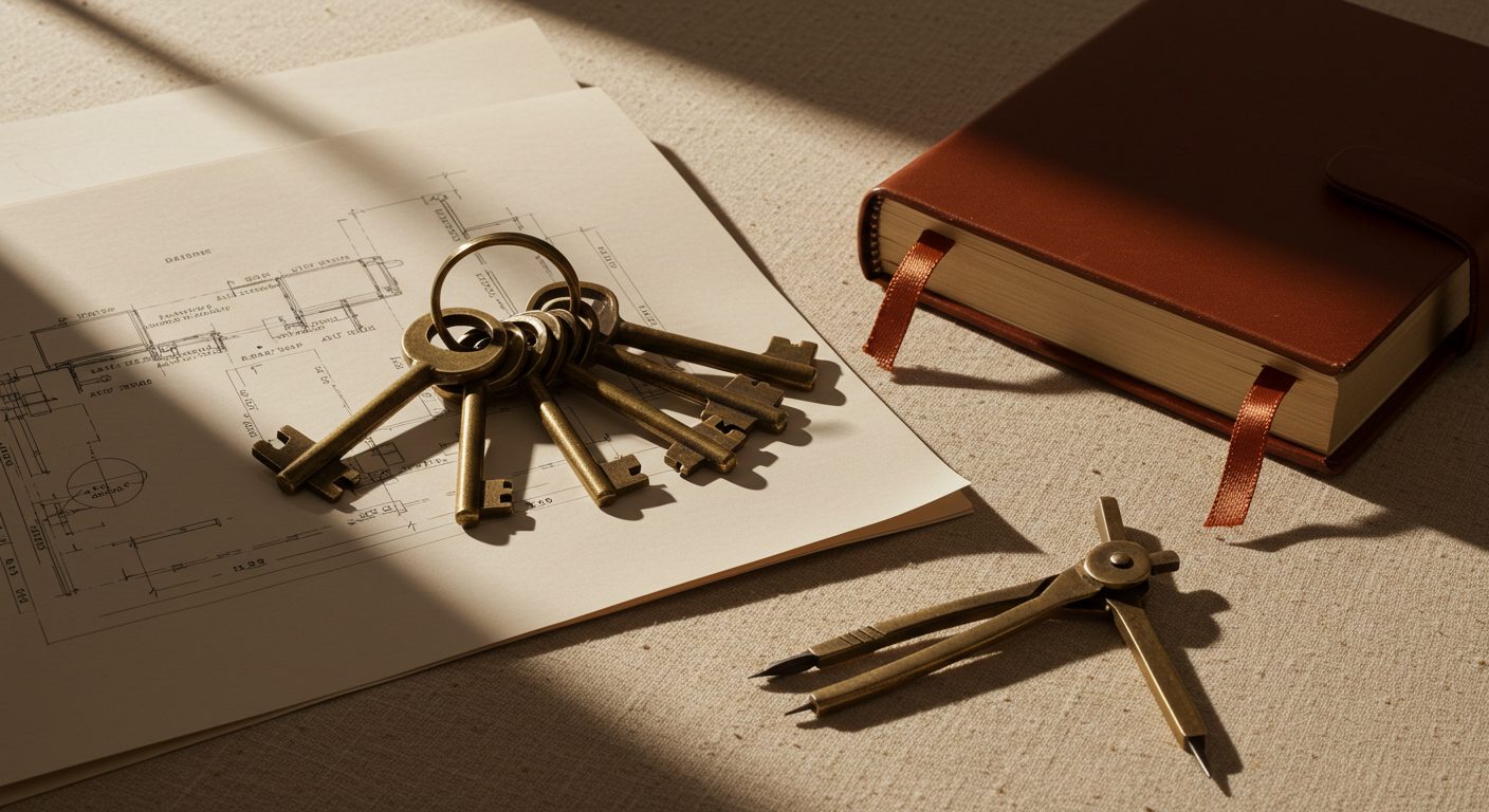 A brass key ring with several differently sized keys resting on a folded access-plan drawing beside a leather ledger, in warm cream and terracotta light.