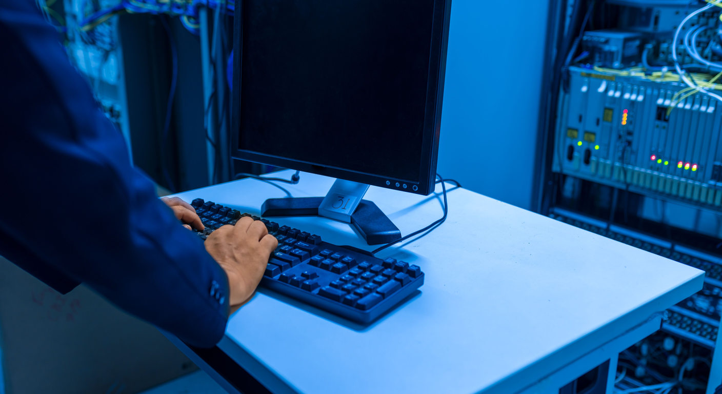 A technician working beside server equipment in a data center.