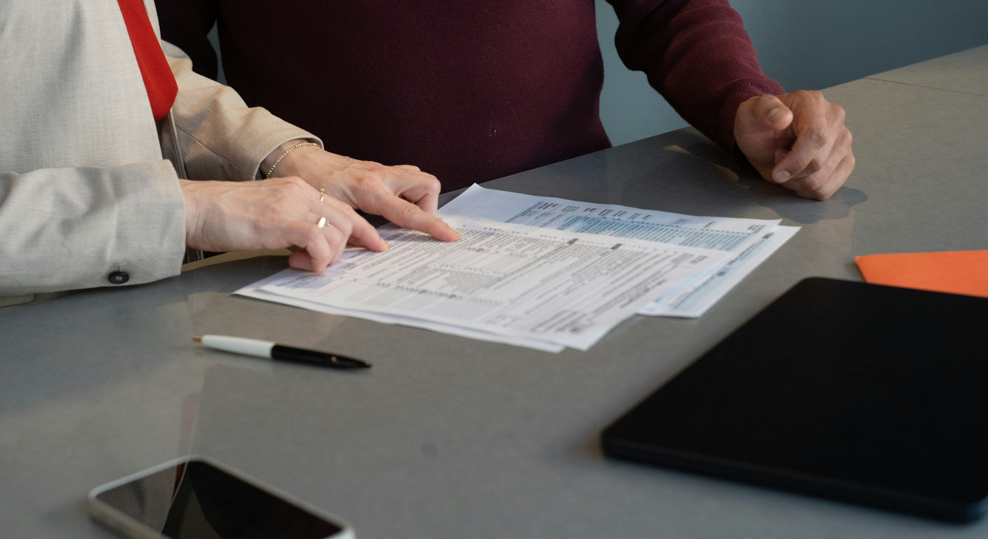 Hands reviewing printed forms beside a tablet and pen.