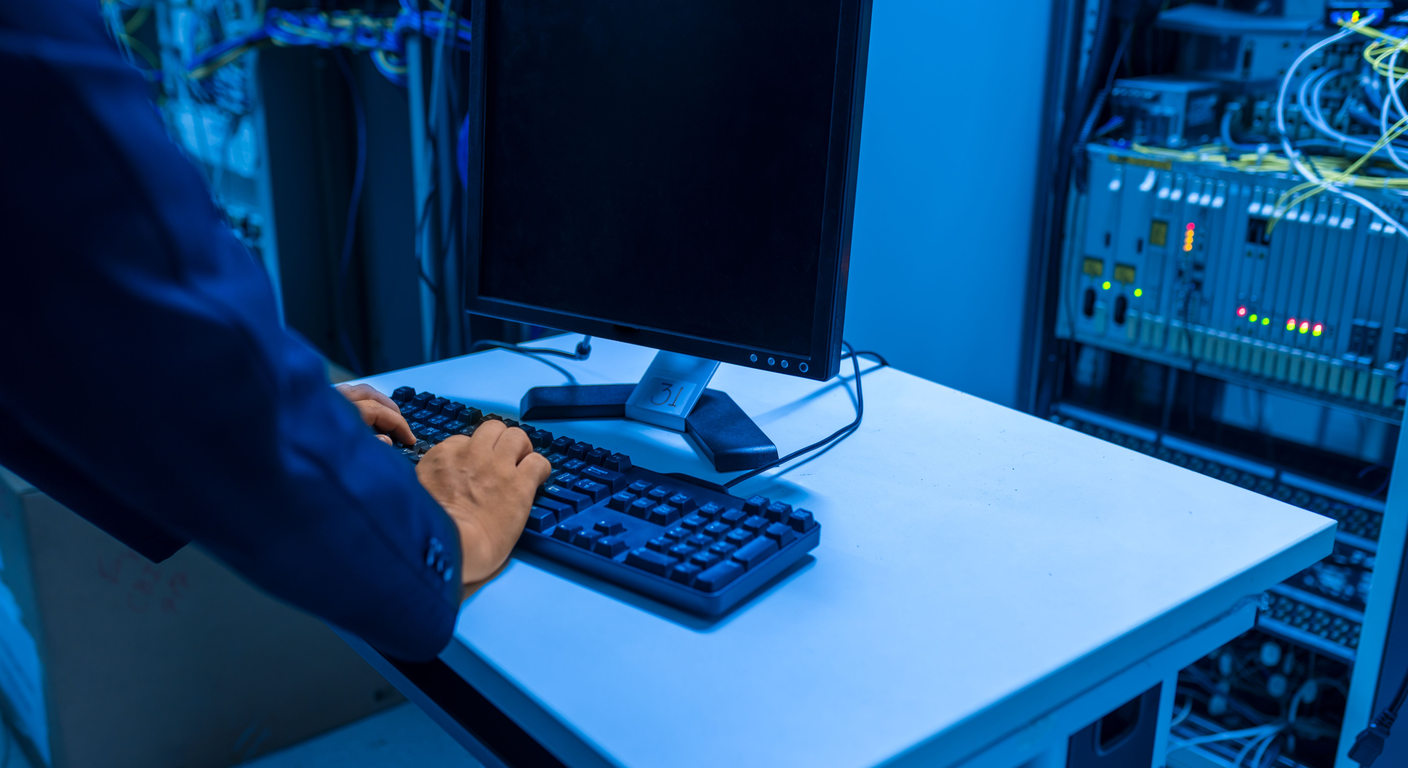 A technician working beside server equipment in a data center.