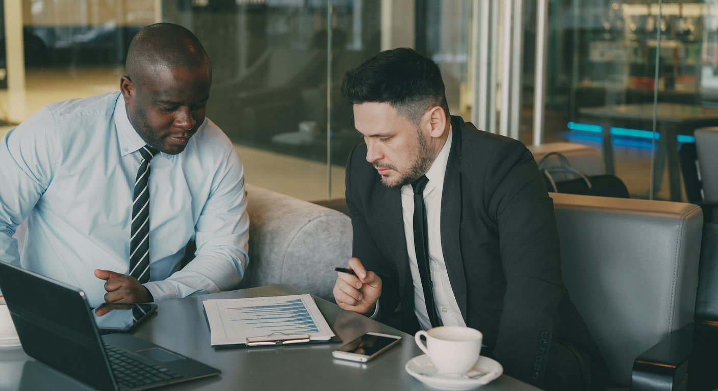 Two business professionals reviewing a chart beside a laptop.