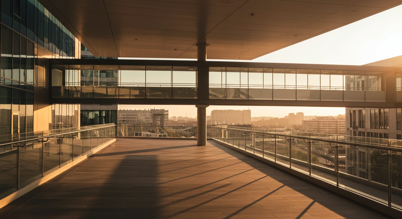 A glass skybridge between two office buildings in golden morning light