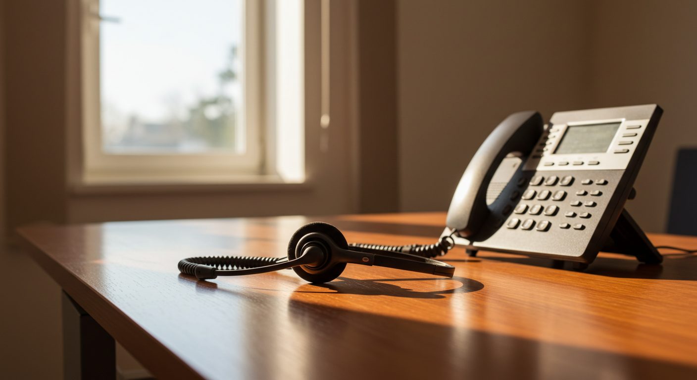 A telephone headset and a sleek desk phone on a polished walnut desk in warm morning light