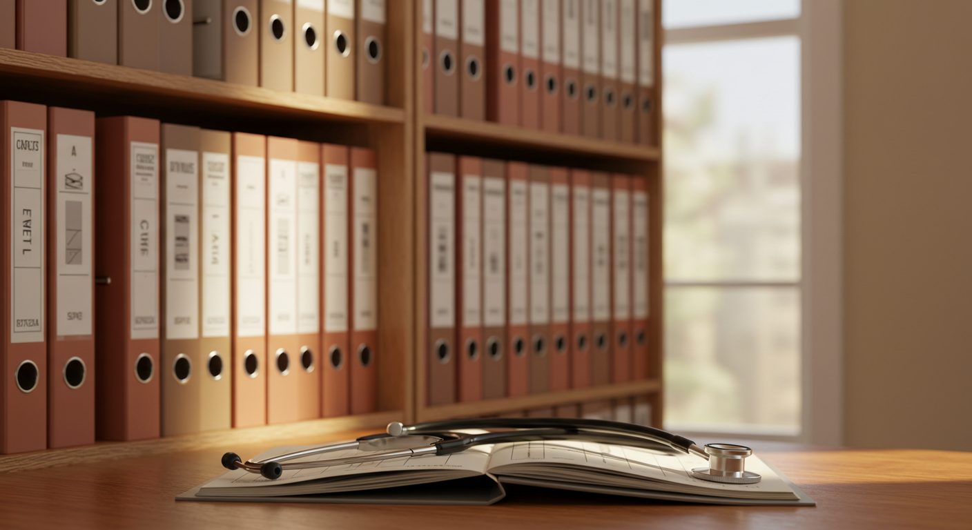 A medical records room with labeled chart binders and a stethoscope on an open folder