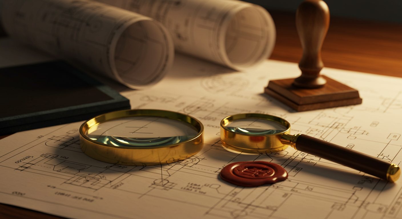 A brass magnifying loupe and an approval stamp resting on engineering blueprints on a dark walnut desk