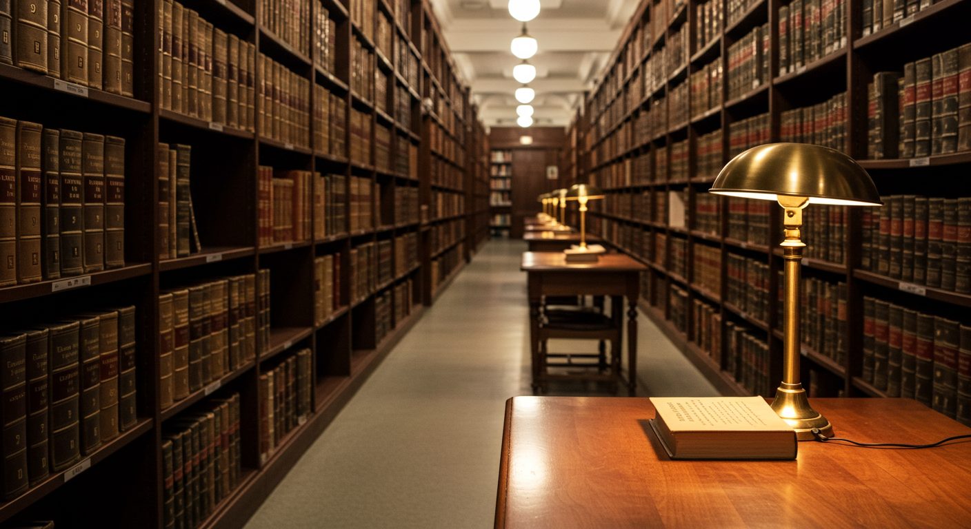 A law library aisle with leather-bound case reporters and a brass reading lamp