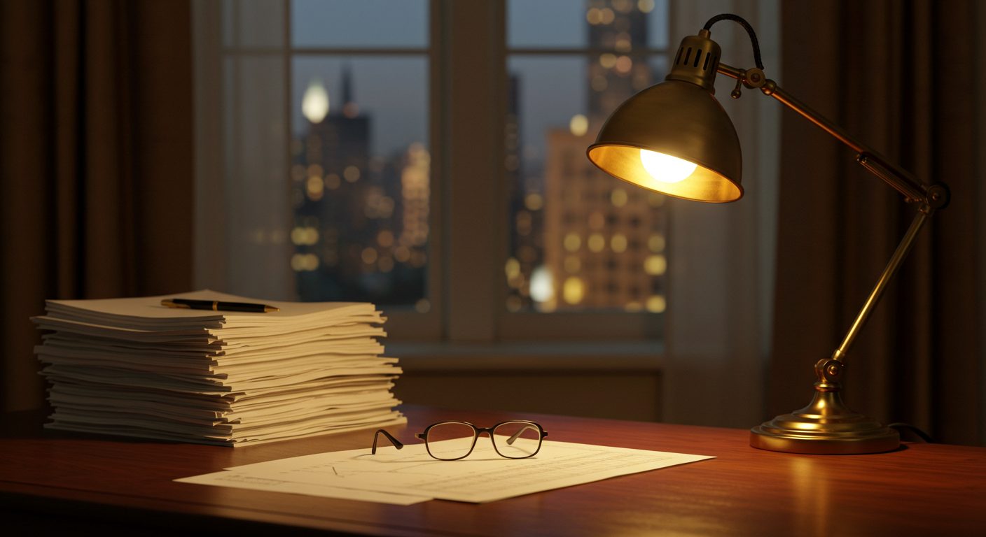 A brass desk lamp over stacked financial reports at dusk