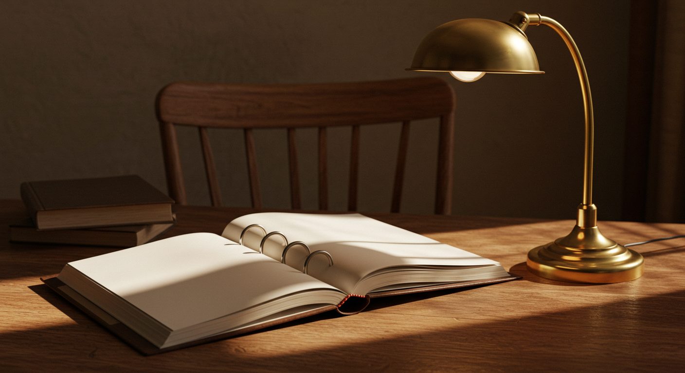 An open regulatory binder with blank pages on an oak table beside an unlit brass lamp, in warm cream and terracotta light